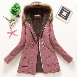 Overcoat Women Winter thick coat Warm Hooded Pockets Slim Faux Fur Parka Jacket Female