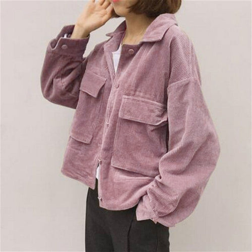 new fall Women baseball Corduroy Jacket Top loose lapel Shirt Coat Casual Vintage Oversize solid color cool short jackets