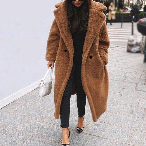 2019 Winter Women Fur Coat Luxury Long Faux Fur Coat Loose Lapel  Overcoat Thick Warm Plus Size Teddy Coat Female Plush Outwear