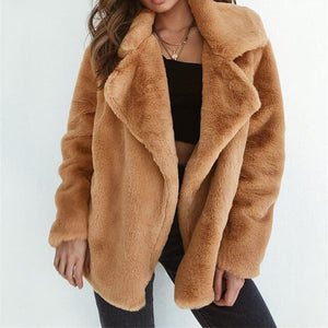 New Women Warm Autumn Fleece Fur Coat Overcoat Outwear Turn Down Collar Cardigan Loose Coats Plus Size